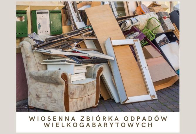 Stare fotele, drewniane meble na grafice informującej o zbiórce odpadów wielkogabarytowych