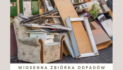 Stare fotele, drewniane meble na grafice informującej o zbiórce odpadów wielkogabarytowych